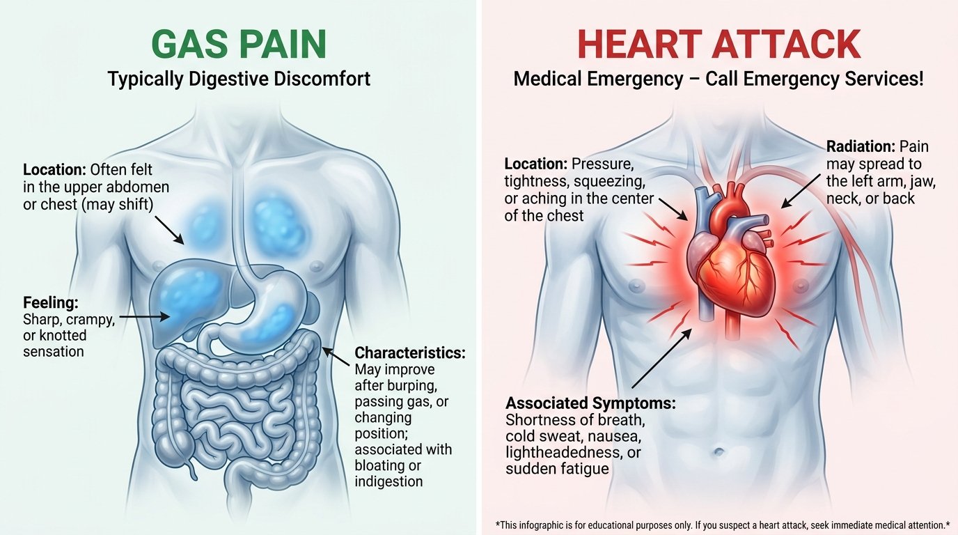 Difference between gas pain and heart attack